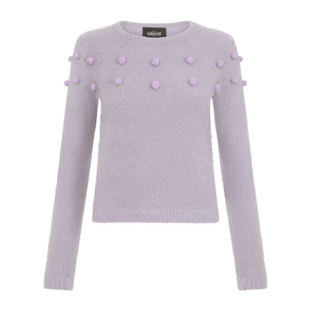 Collectif Barbara Pompom Jumper in Lilac, Size US S / UK 10